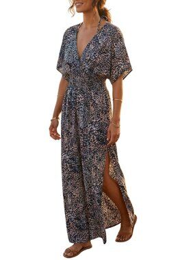 Lovestitch Maxi Dress M/L Black Abstract Kimono Sleeve Smocked Waist Boho V Neck